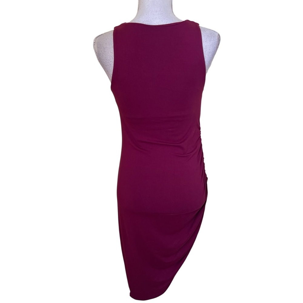 Halara Red Violet Round Neck Ruched Asymmetric Hem BodyCon Sleeveless Mini Dress - Picture 6 of 9